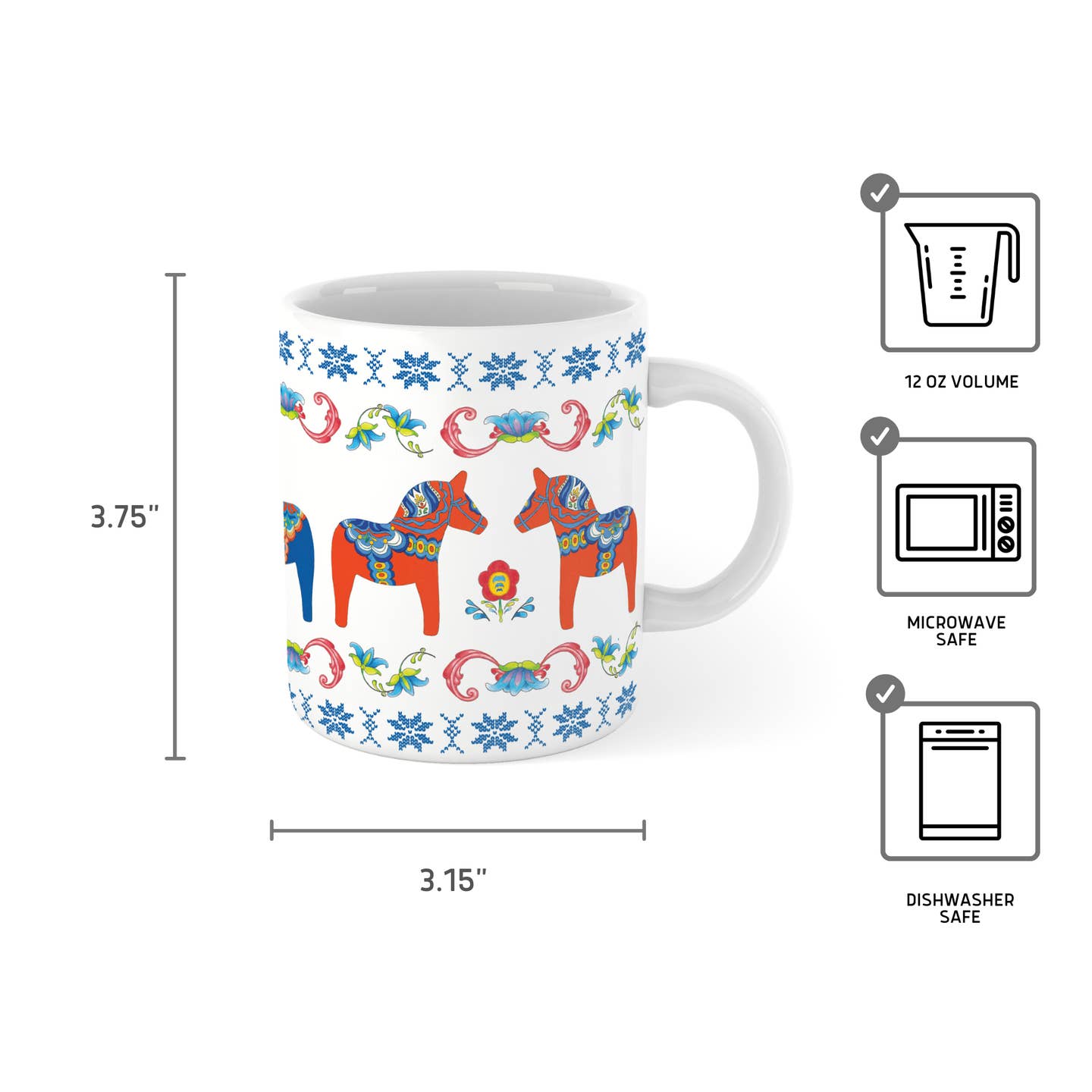 The Mug: Swedish Dala Horses with Nordic Star Ceramic Coffee Cup - Red Interior is a white Scandinavian mug with colorful Dala Horses and floral Nordic designs, 12 oz, microwave and dishwasher safe, as shown by size dimensions and icons.