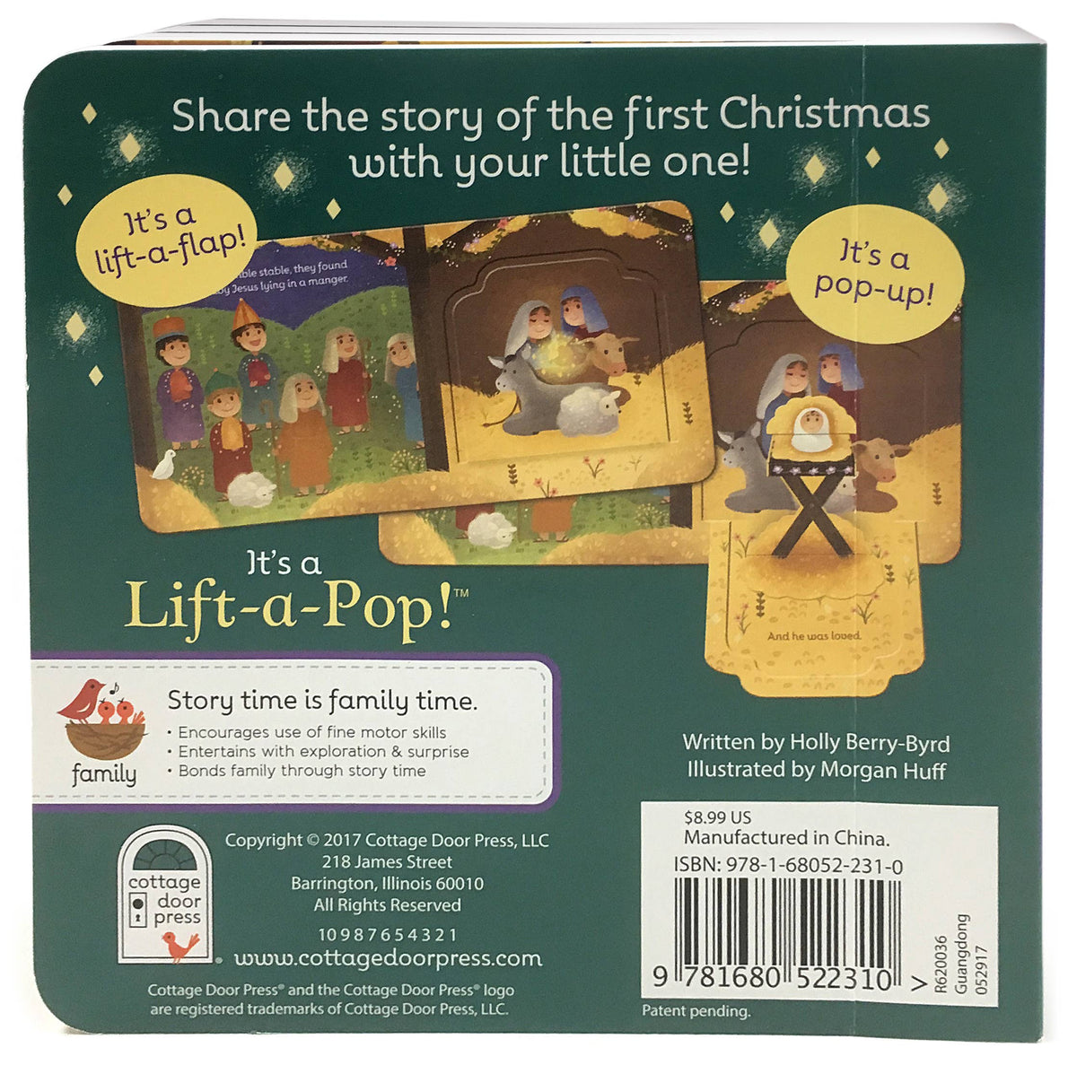 Back cover of Book: First Christmas Lift-a-Flap Baby Jesus Board Book, featuring charming nativity art and interactive lift-the-flap and pop-up elements—ideal for introducing little ones to the First Christmas story.
