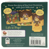 Back cover of Book: First Christmas Lift-a-Flap Baby Jesus Board Book, featuring charming nativity art and interactive lift-the-flap and pop-up elements—ideal for introducing little ones to the First Christmas story.