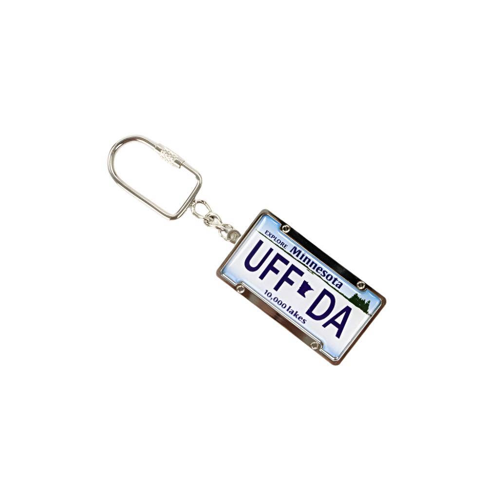 Show off your Minnesota pride with the UFFDA Keychain—a Minnesota license plate-shaped keychain featuring "UFF DA" and "10,000 lakes.