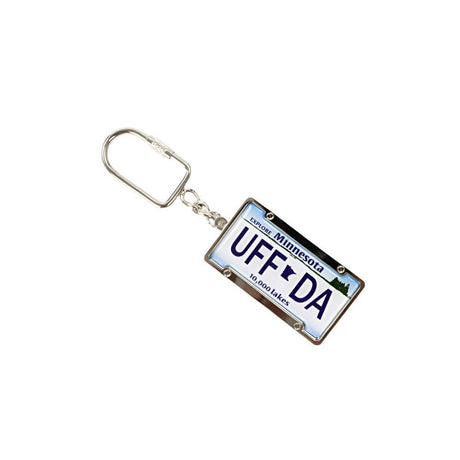 Show off your Minnesota pride with the UFFDA Keychain—a Minnesota license plate-shaped keychain featuring "UFF DA" and "10,000 lakes.