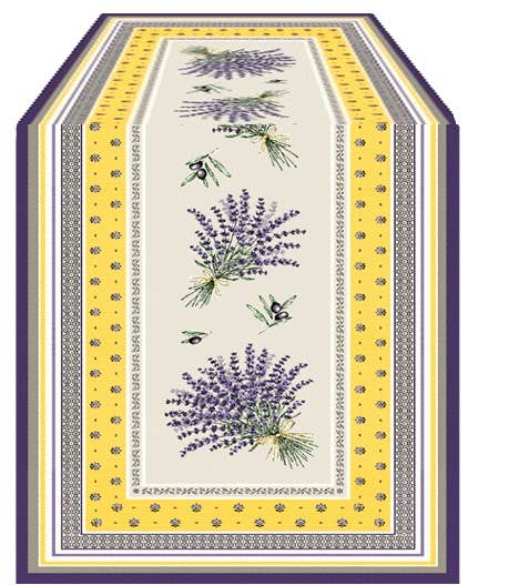 The Luxe Lavender & Olive Jacquard Yellow Table Runner features elegant olive branch designs on a white, yellow, and purple backdrop, making it perfect for adding charm to your dining space.