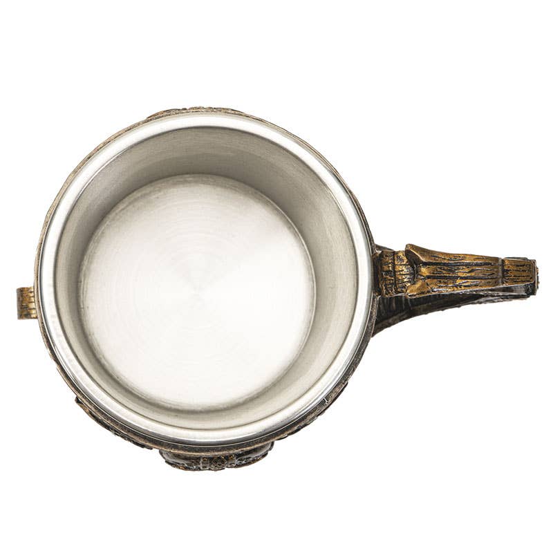 A top-down view of an empty metal Mug: Viking Ship Mug with Dragon Head, featuring a decorative handle and designs inspired by Thors Hammer, shields, and Viking motifs.