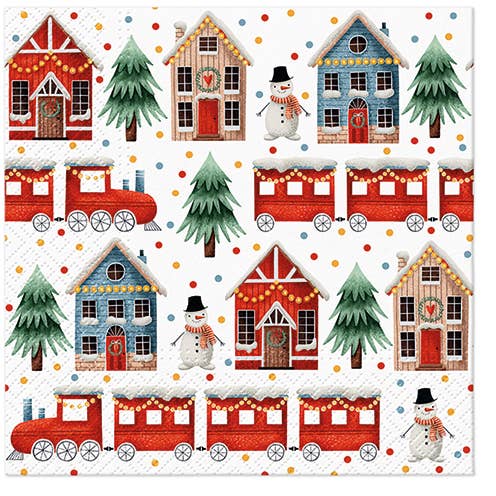 A festive illustration showcases a red train, snowmen, pine trees, and decorated houses with vibrant dots in the background, making it an ideal choice for your next Christmas project with Cozy Christmas Town Lunch Napkins - Christmas Paper Napkins.