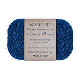 A blue Soap Lift with a textured surface and a brown label attached.