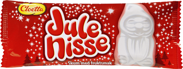 The red and white packaging of Cloetta Juleskum candy, adorned with star patterns and a charming illustration of a hooded figure, beautifully embodies the spirit of traditional Swedish Christmas treats. The text "Skum med fruktsmak" encourages you to savor these delightful marshmallow Santas.