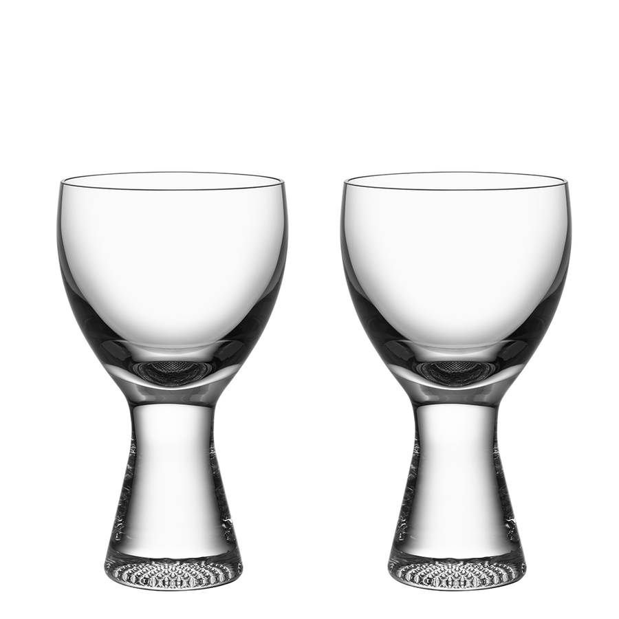 Two empty KostaBoda Limelight Wine Clear glasses from the 2-Pack are standing side by side against a white background. Both glasses are dishwasher safe.