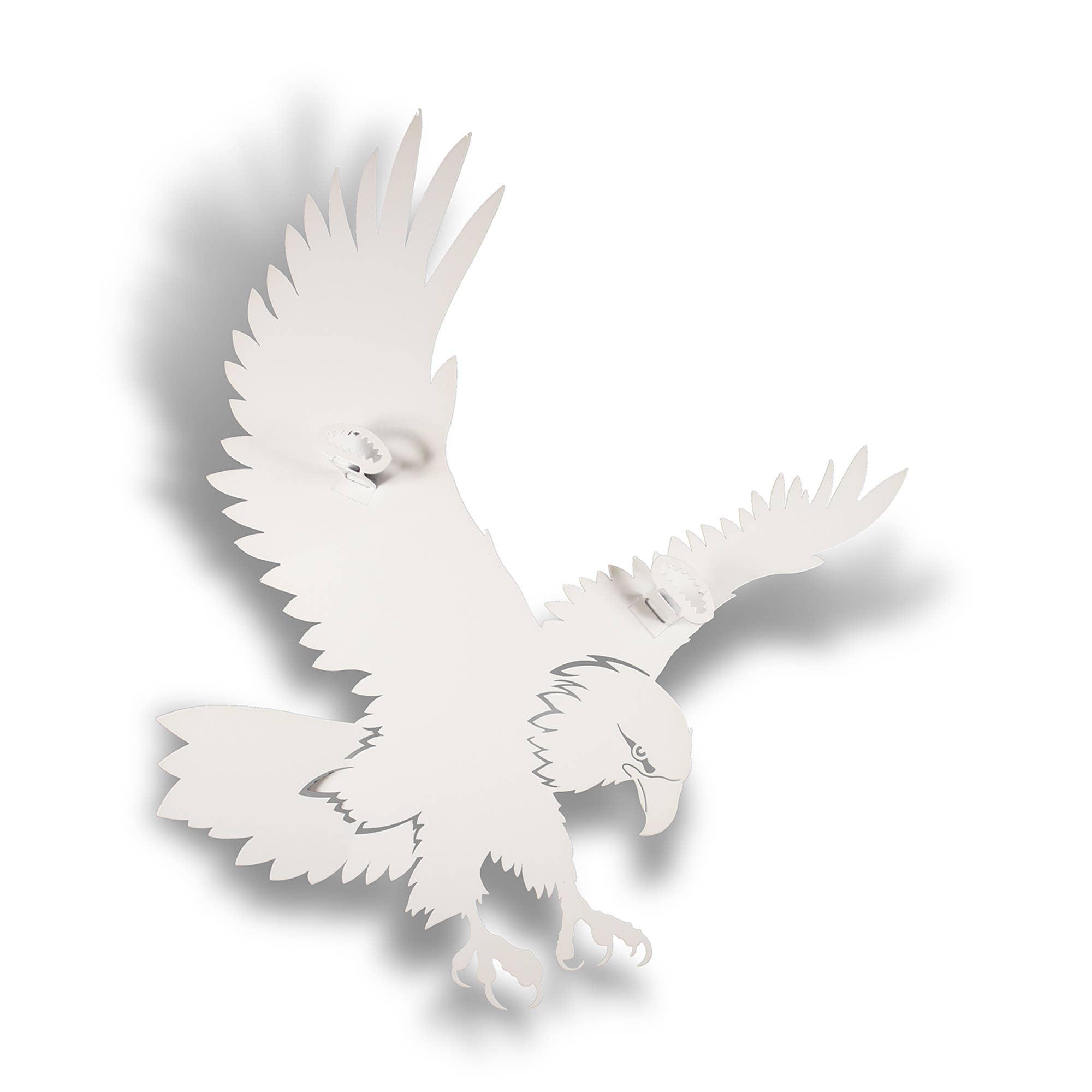 A stylized white silhouette of an eagle from the North Woods is depicted in flight with outstretched wings on a plain white background, reminiscent of the "Eagle North Woods Metal Wall Art" product.