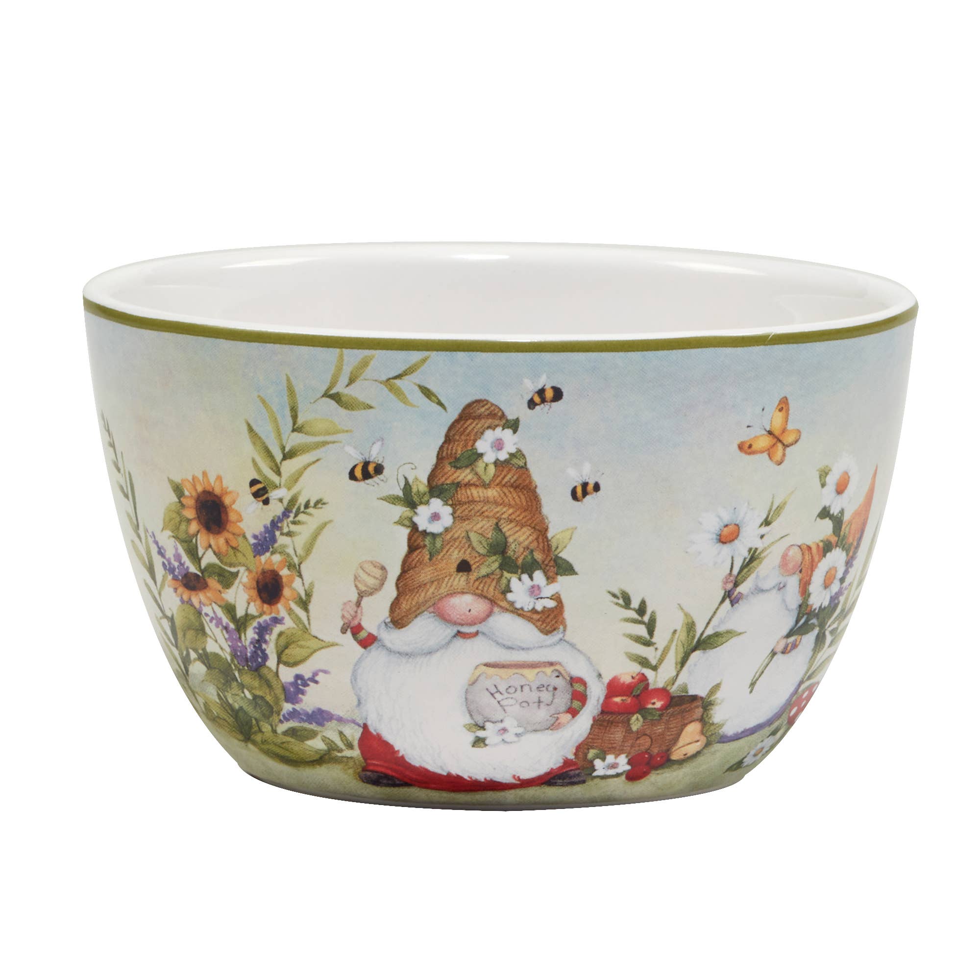 The Garden Gnome Ice Cream Bowl, 5.25in x 3in, features charming garden gnomes, vibrant flowers, bees, a butterfly, and a honey pot amidst lush greenery. Ideal for serving ice cream or enhancing your decor with a touch of magic. Available in four enchanting designs.