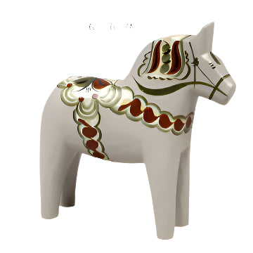 The Anders Gray from the Anniversary Series Swedish Dala Horse collection features hand-carved detailing with green and red patterns, standing on a plain background.