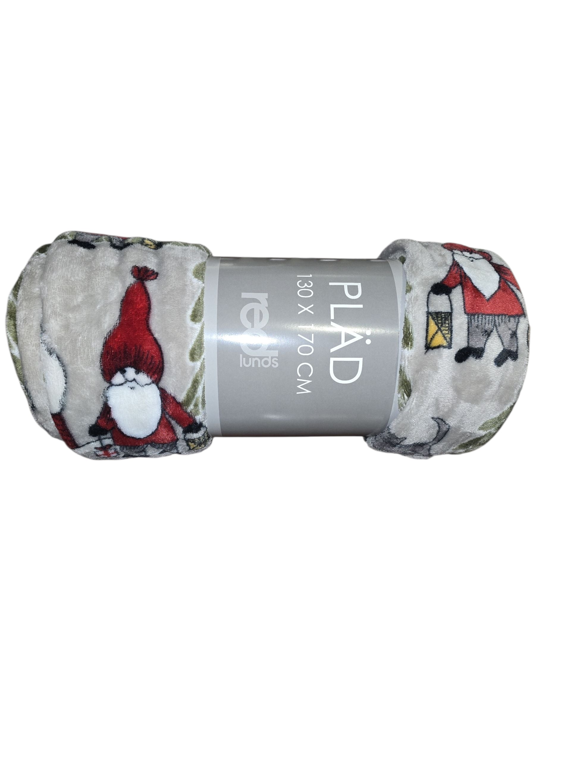 A rolled-up Tomtehus Fleece Throw Blanket (51 x 67) with a gnome and lantern print, labeled PLÄD, from the brand rexlunds.