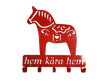 Coat Hooks: Hem Kära Hem Dala Horse—a red wall hook shaped like a Dala horse with white patterns and “hem kära hem” text, ideal for Swedish home decor or as a unique coffee mug rack.