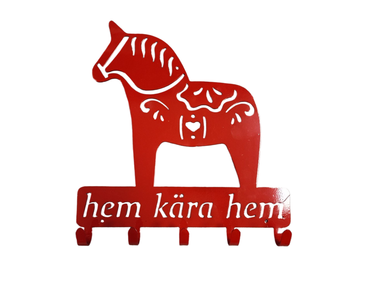 Coat Hooks: Hem Kära Hem Dala Horse—a red wall hook shaped like a Dala horse with white patterns and “hem kära hem” text, ideal for Swedish home decor or as a unique coffee mug rack.