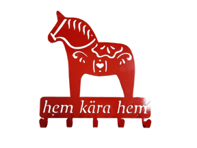 Coat Hooks: Hem Kära Hem Dala Horse—a red wall hook shaped like a Dala horse with white patterns and “hem kära hem” text, ideal for Swedish home decor or as a unique coffee mug rack.