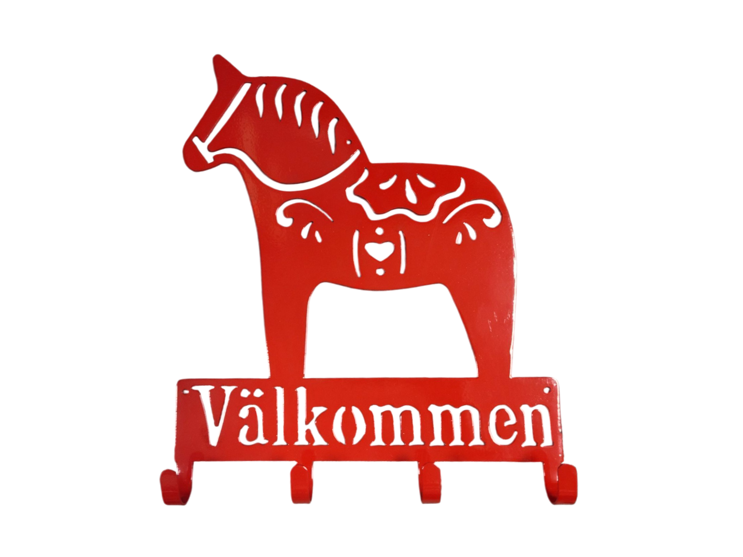 The Coat Hooks: Valkommen Dala Horse Sign is a red metal wall hook shaped like a Swedish Dala horse with "Välkommen" beneath—ideal as a unique entryway sign or for hanging coats.