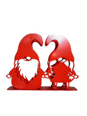 Add Scandinavian charm to your table with this red-painted laser cut metal napkin holder, featuring two Tomte gnomes with large hats and beards—perfect as a decorative or functional napkin or letter holder.