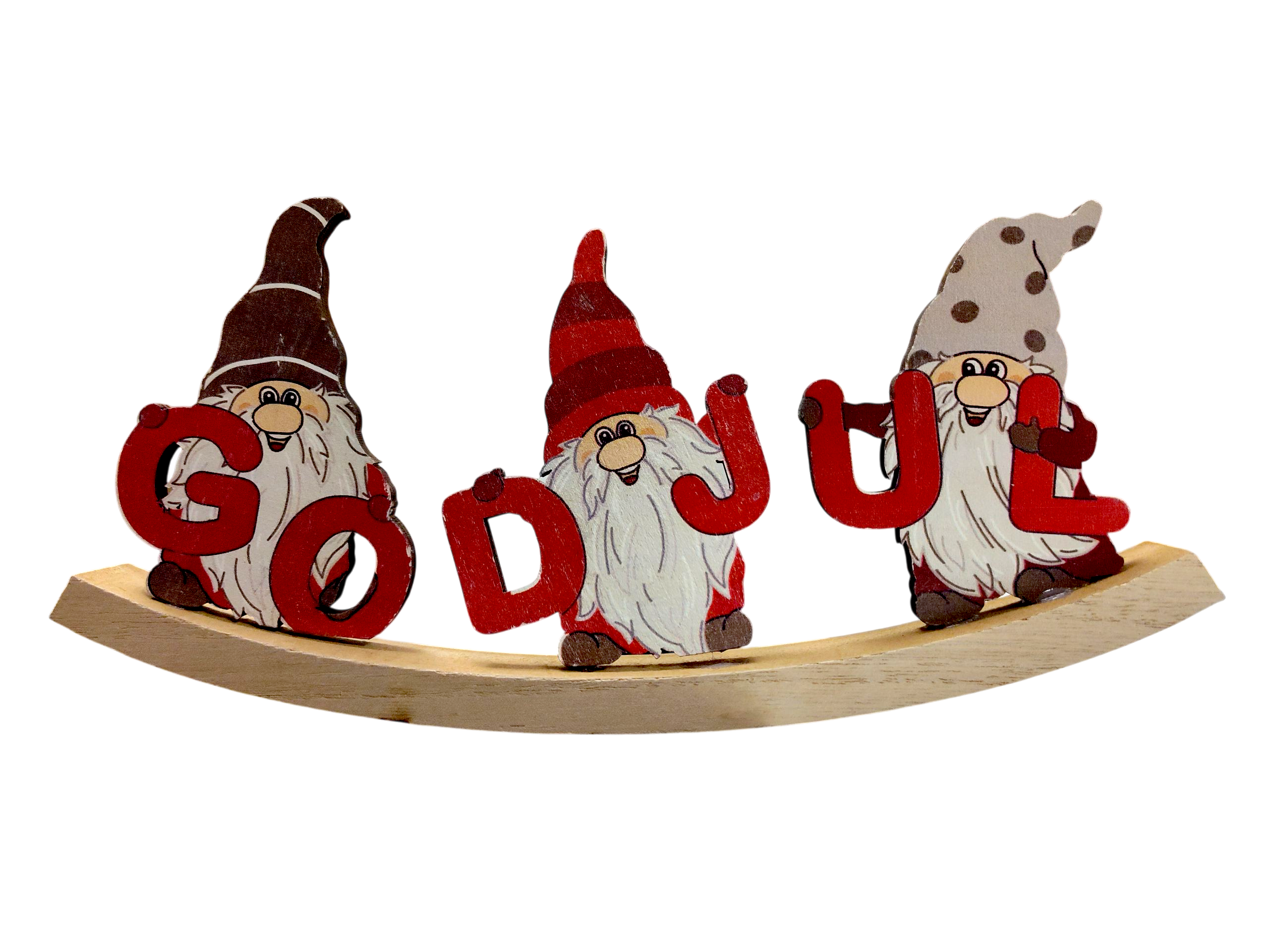 The God Jul Sign with Nisser Curved Sign features three gnome figurines holding red letters that spell "God Jul" on a curved wooden base—a charming Swedish holiday decoration for your home.