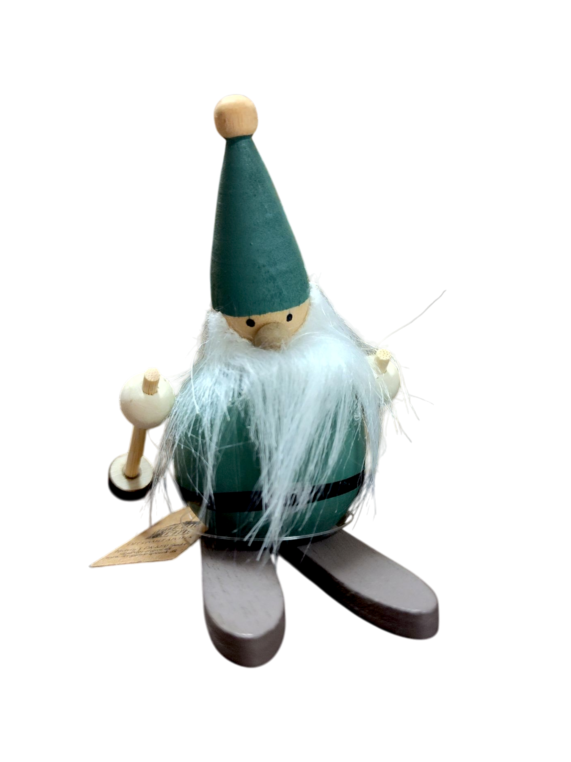 The Green Nisse on Skis Handcrafted Swedish Figurine features a green hat, white beard, green body, and holds two sticks—perfect as Scandinavian décor.