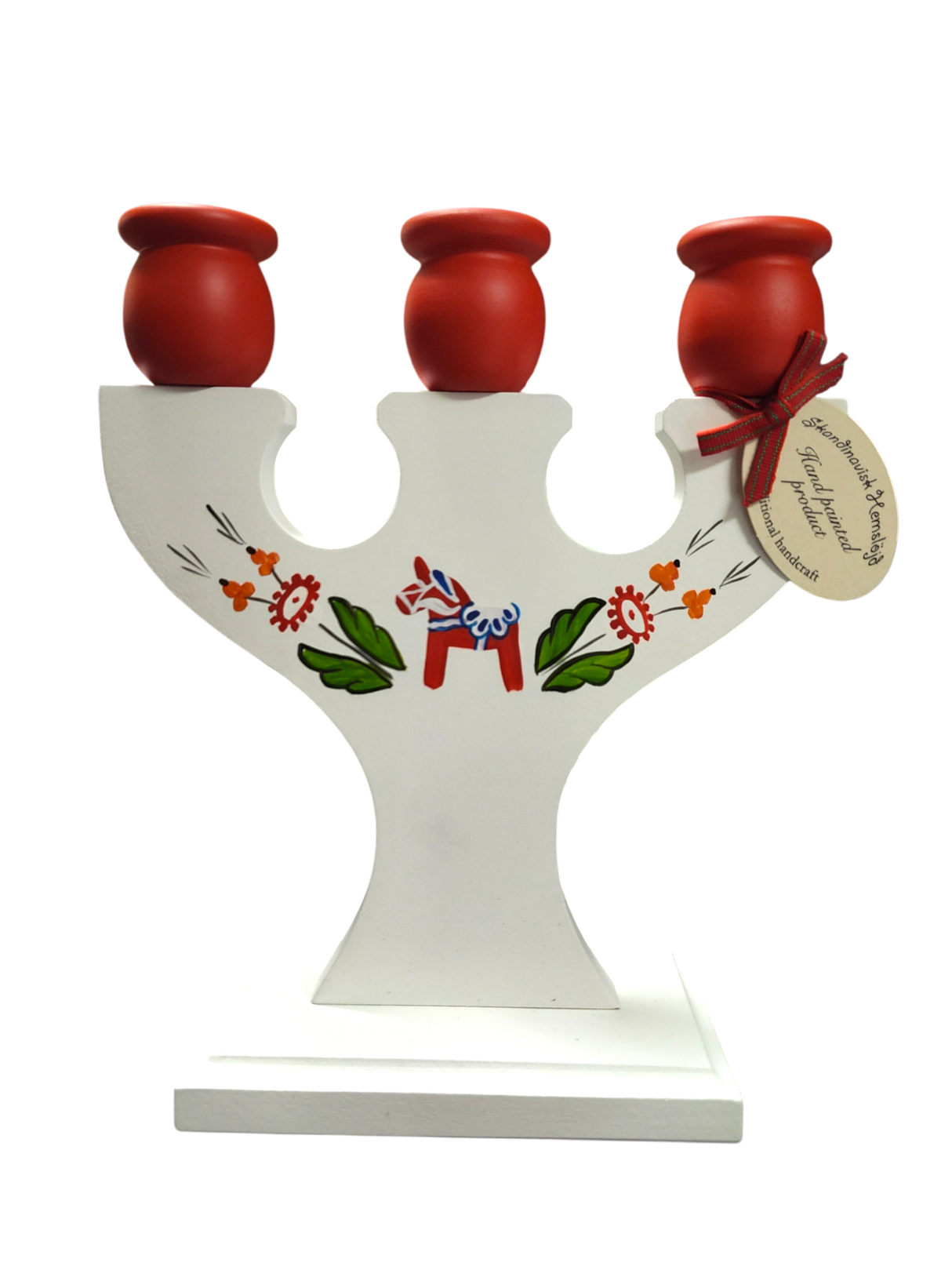 Hand crafted Swedish candle holder with Dala horse and kurbits design. Holds 3 candles in red holders with floral patterns, finished with a tag tied with a red ribbon.