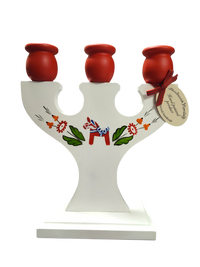Candle Holder: Hand Crafted Swedish Candle Holder with a Dala Horse and Kurbits Holds 3 Candles