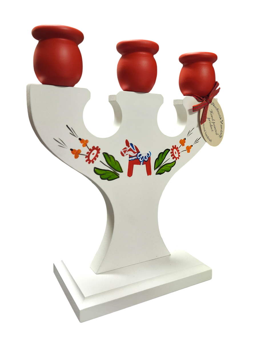 Candle Holder: Hand Crafted Swedish Candle Holder with a Dala Horse and Kurbits Holds 3 Candles