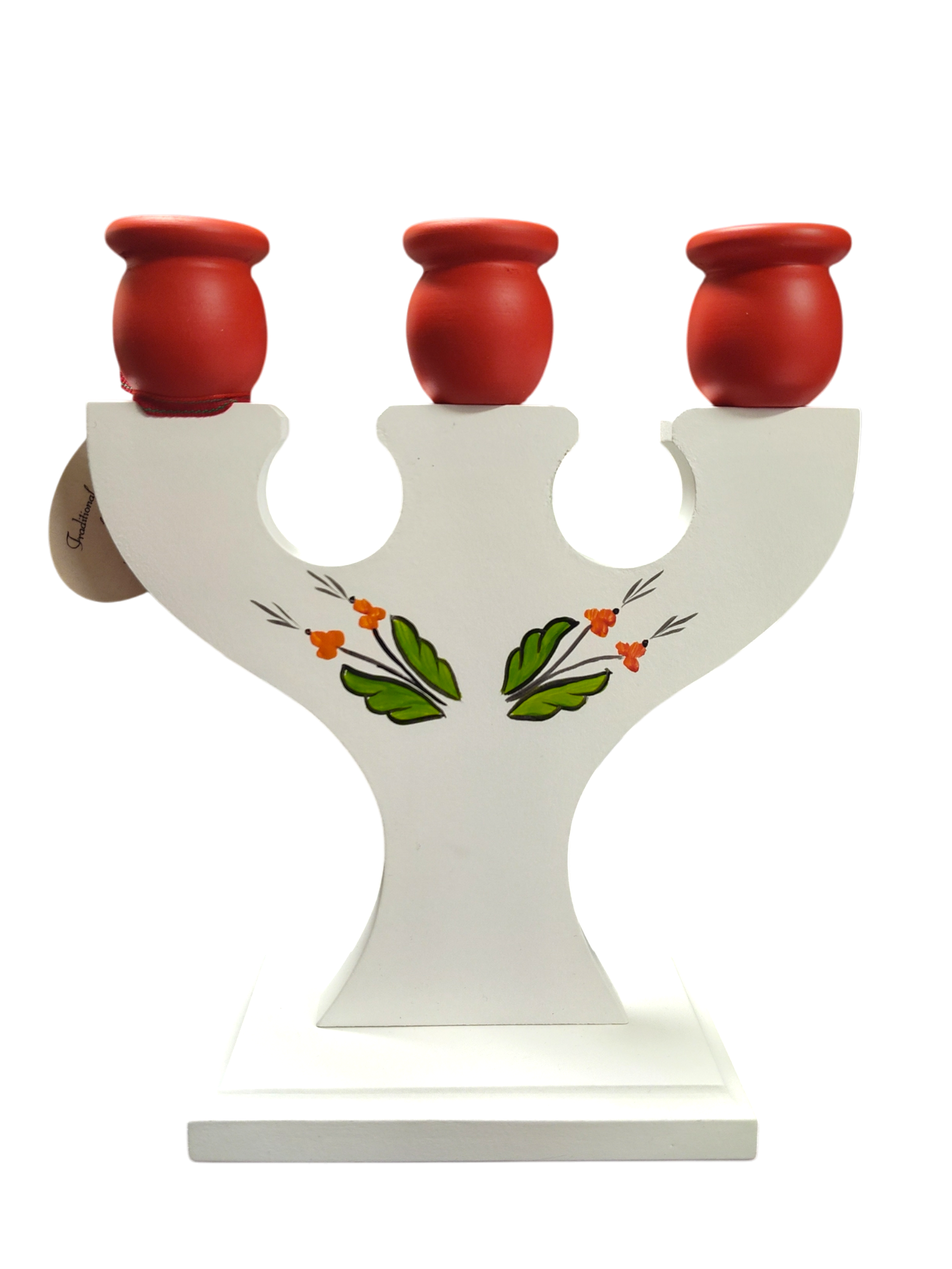 Hand crafted Swedish candle holder featuring a Dala Horse and Kurbits design, holds three candles, with a charming floral motif on the front and stands on a rectangular base.