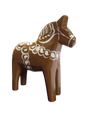 The Dala Horse: Swedish Dala Horse Brown with White Kurbits is a handcrafted brown wooden figurine featuring white decorative patterns, inspired by traditional Swedish folk art. Made in Sweden.