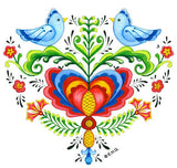 The Magnet: Scandinavian Lovebirds & Swedish Folk Art Heart Shaped Refrigerator Tile Magnet features a white background with a central heart, two blue lovebirds, flowers, and leafy folk art patterns—perfect for Nordic-inspired decor.