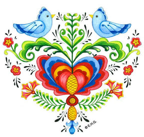 The Magnet: Scandinavian Lovebirds & Swedish Folk Art Heart Shaped Refrigerator Tile Magnet features a white background with a central heart, two blue lovebirds, flowers, and leafy folk art patterns—perfect for Nordic-inspired decor.