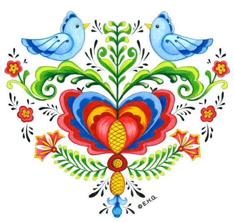 The Magnet: Scandinavian Lovebirds & Swedish Folk Art Heart Shaped Refrigerator Tile Magnet features a white background with a central heart, two blue lovebirds, flowers, and leafy folk art patterns—perfect for Nordic-inspired decor.