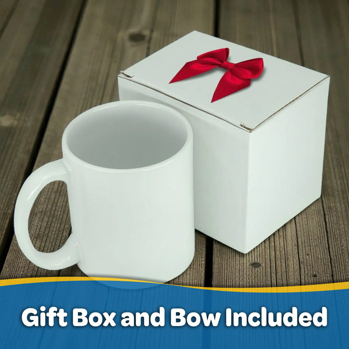 A Mug: Viking Coat of Arms by Odin Limited, featuring a black interior and 11oz ceramic design, is displayed beside a white gift box topped with a red bow on a wooden surface. The text at the bottom reads, "Gift Box and Bow Included.
