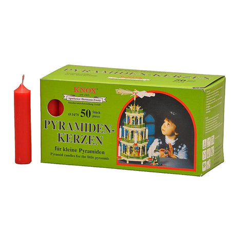 A box of 50 Red Christmas Pyramid Candles (14 x 70mm), Pyramiden-Kerzen, made in Germany. The packaging shows a child admiring a wooden Christmas pyramid with one red candle displayed beside the box.