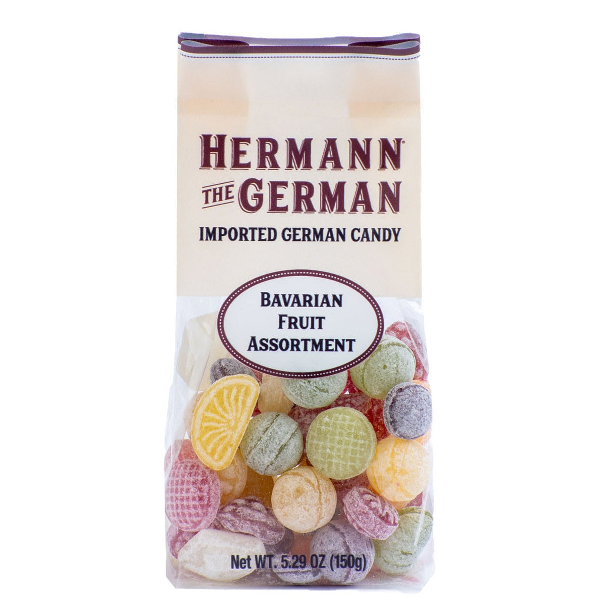 Indulge in a bag of Herman the German Bavarian Fruit Assortment candies, boasting vibrant, fruit-shaped and textured sweets. These delightful German treats are vegan-friendly and have a net weight of 5.29 oz (150g).