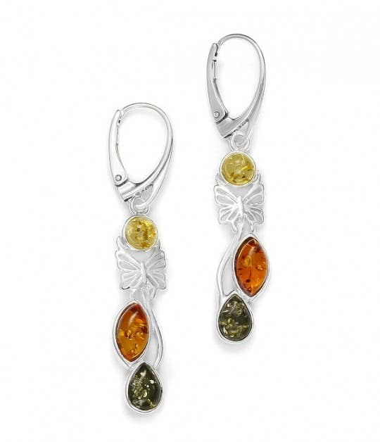 Two sterling silver dangle earrings feature round and teardrop genuine Baltic amber stones in yellow, orange, and green with a leaf motif.