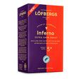 A 15.87 oz box of Löfbergs Inferno Extra Dark Roast Ground Coffee, with bold red and purple packaging, roast level 5+, perfect for Swedish fika, made from Arabica and Robusta beans.