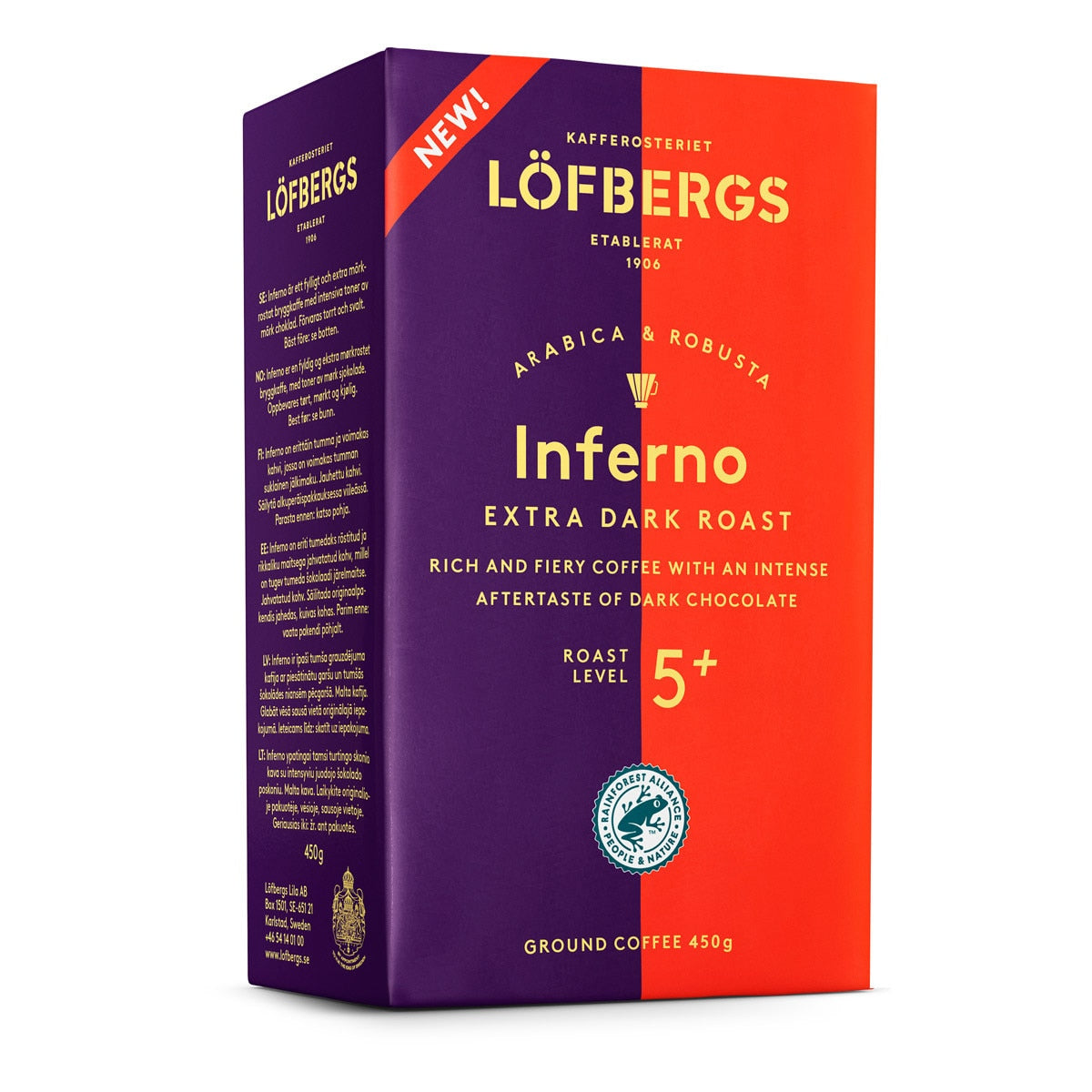 A 15.87 oz box of Löfbergs Inferno Extra Dark Roast Ground Coffee, with bold red and purple packaging, roast level 5+, perfect for Swedish fika, made from Arabica and Robusta beans.