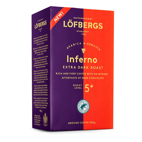 A 15.87 oz box of Löfbergs Inferno Extra Dark Roast Ground Coffee, with bold red and purple packaging, roast level 5+, perfect for Swedish fika, made from Arabica and Robusta beans.