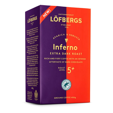 A 15.87 oz box of Löfbergs Inferno Extra Dark Roast Ground Coffee, with bold red and purple packaging, roast level 5+, perfect for Swedish fika, made from Arabica and Robusta beans.
