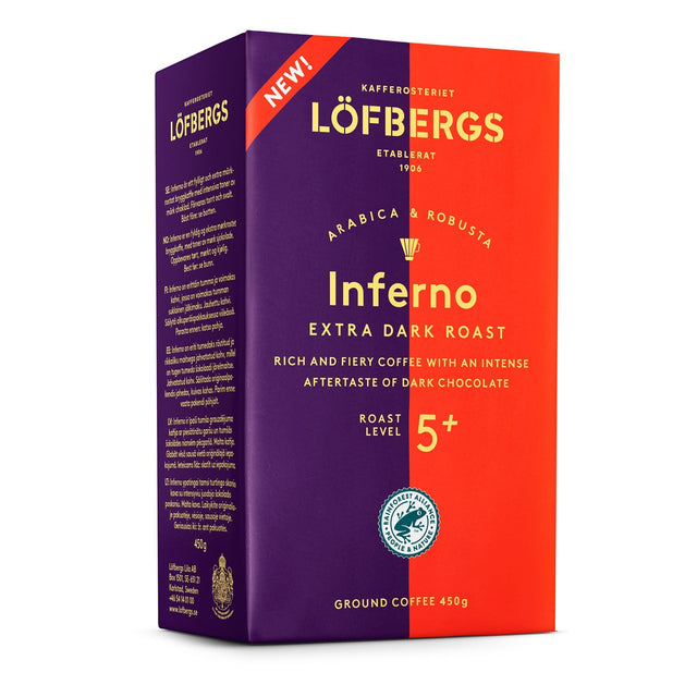 A 15.87 oz box of Löfbergs Inferno Extra Dark Roast Ground Coffee, with bold red and purple packaging, roast level 5+, perfect for Swedish fika, made from Arabica and Robusta beans.