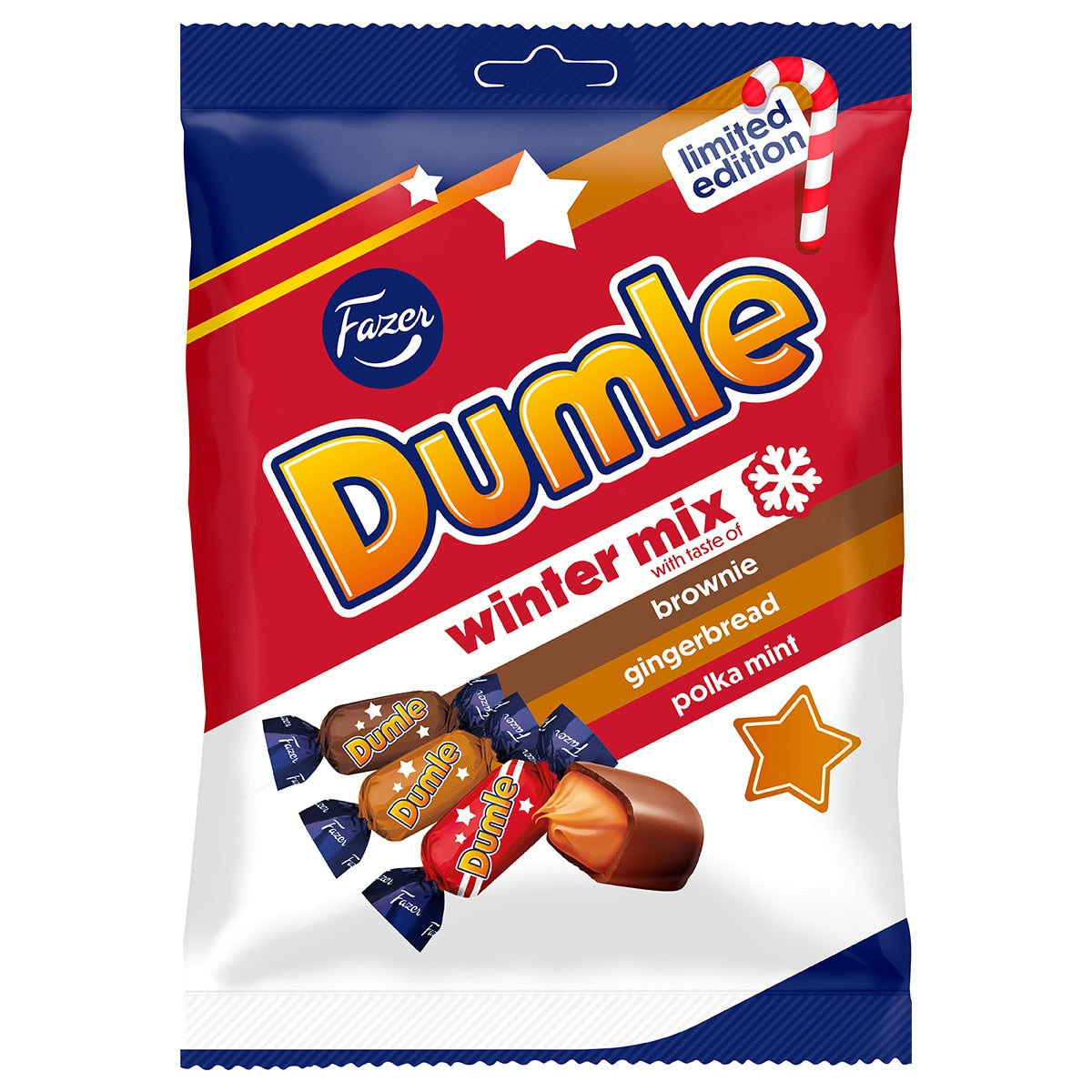 Explore the limited edition Fazer Dumle Soft Toffee with Milk Chocolate Winter Mix candies, featuring flavors such as brownie, gingerbread, and polka mint, elegantly wrapped in festive red, blue, and white packaging.