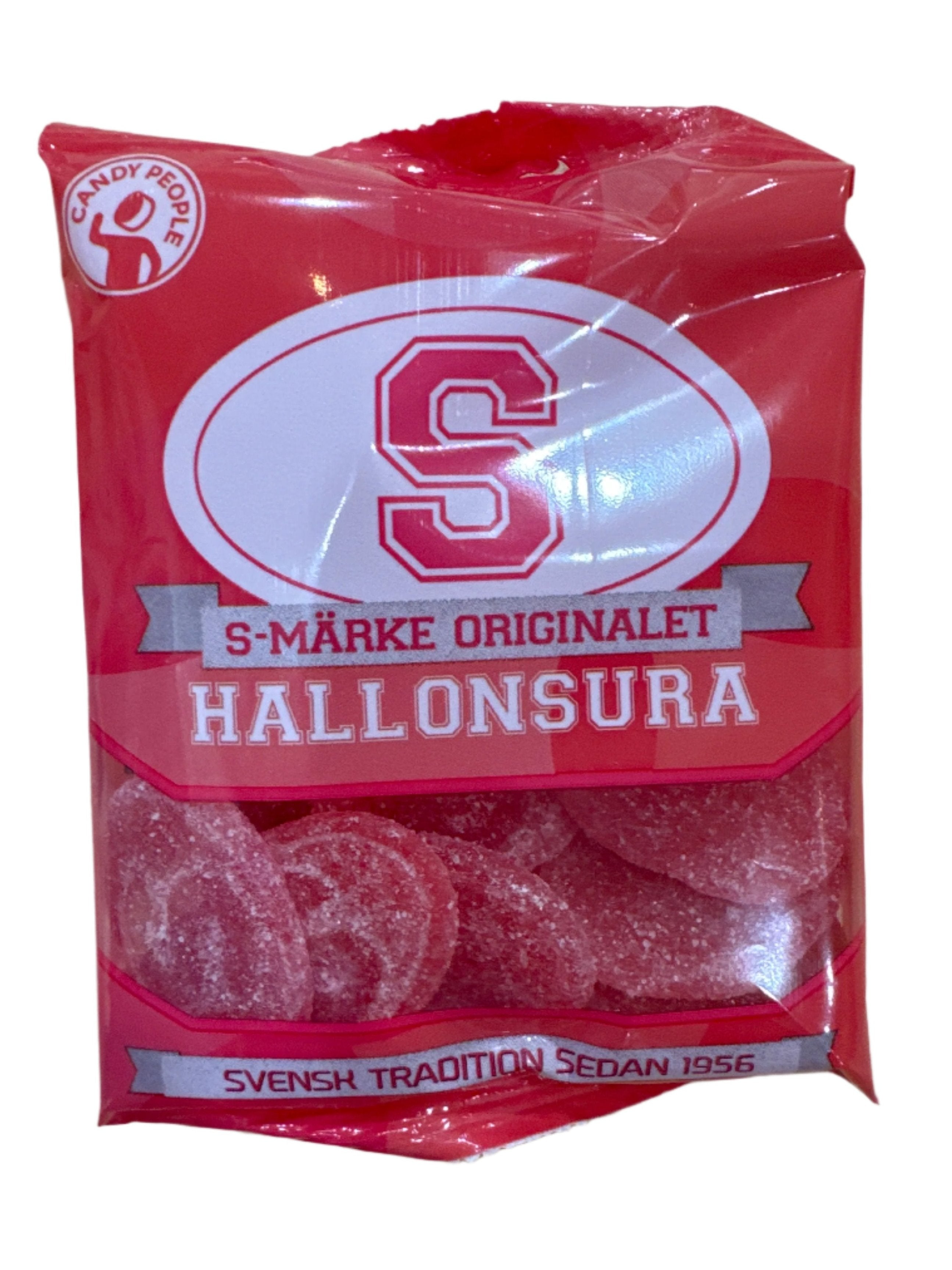 The product is a bag of Sour Raspberry candy from Candy People, featuring raspberry-shaped sour confections in distinctive red packaging. This Swedish treat has been cherished since 1956, making it a true favorite!