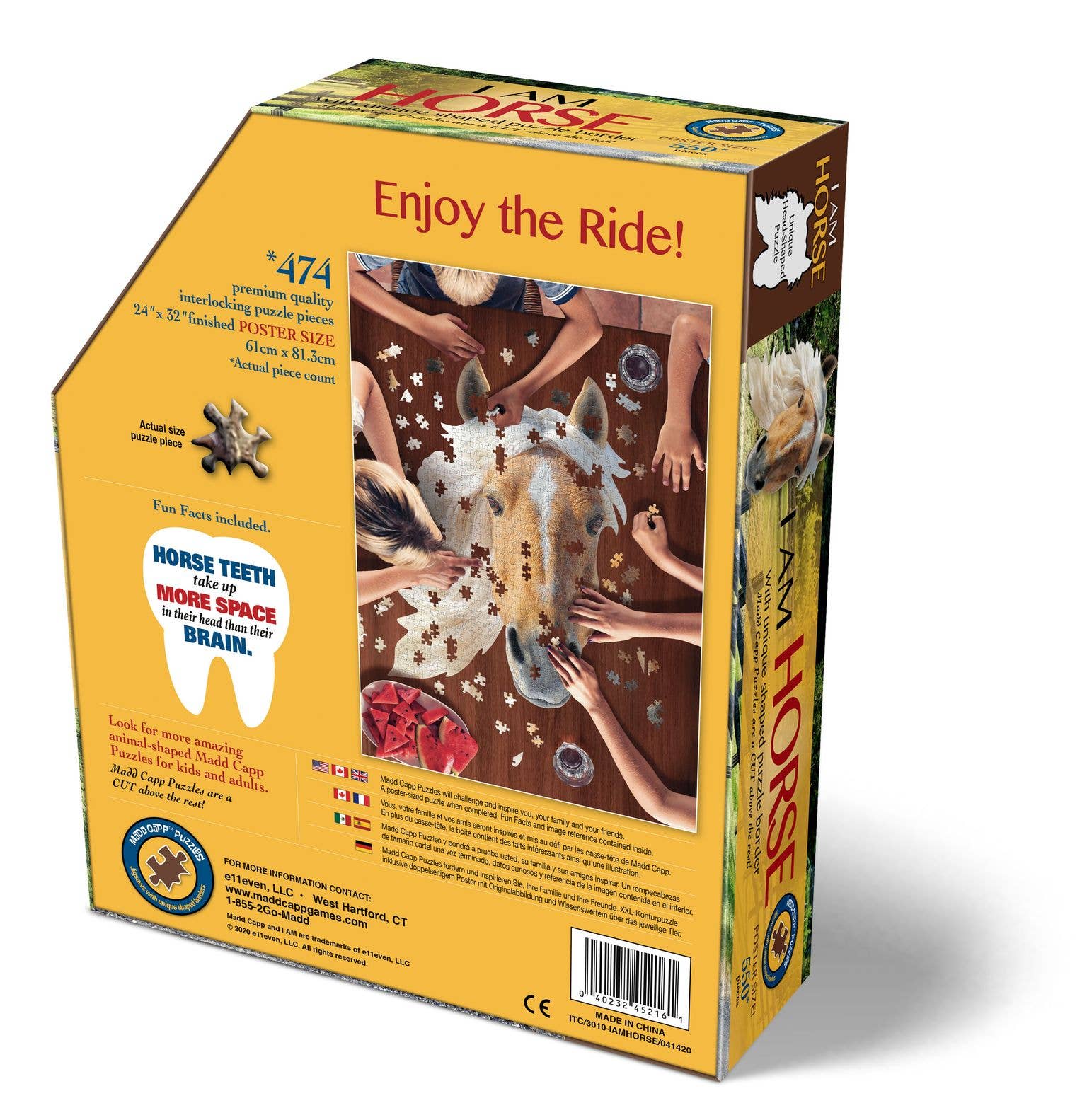 Box of a 550-piece "I AM Horse" puzzle, with hands assembling it. Text reads "Enjoy the Ride! HORSE TEETH have MORE SPACE for your BRAIN." This educational jigsaw puzzle provides a fun way to expand your mind while exploring the fascinating world of horses.