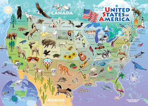 The Puzzle: USA Map (Tray) 35pc features large pieces depicting state animals, symbols, and landmarks. It also partially shows Canada, Mexico, and the Caribbean Islands in a vivid design.