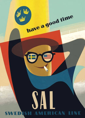 Framed Scandinavian travel print (21 x 30 cm) featuring a person with sunglasses, Swedish and American flags, a hat, and a cigarette. Text: "have a good time," SAL, Swedish American Line. Reprint.