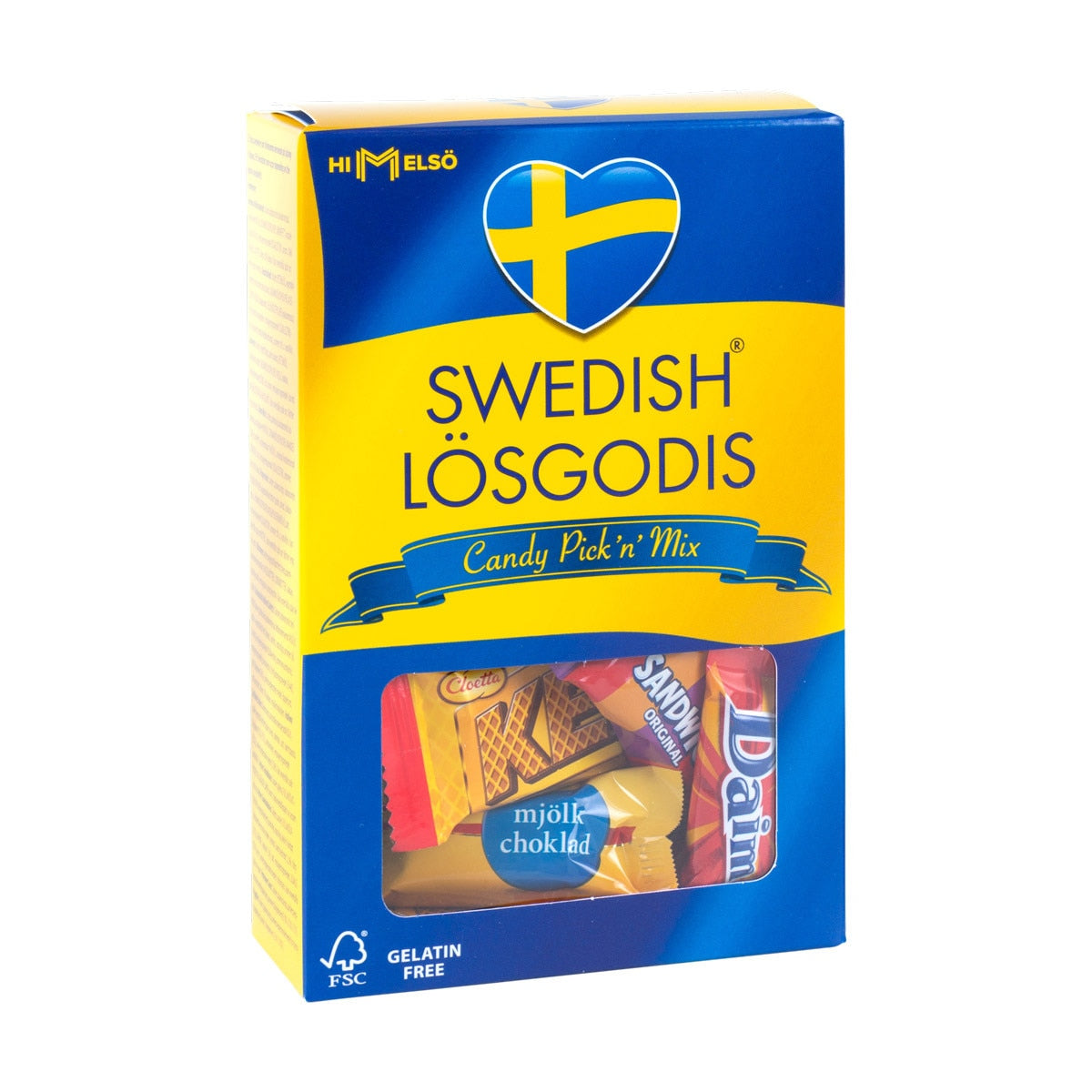 Box of Candy: Swedish Losgodis Candy Pick n Mix 9.7oz by Swedish FIKA, featuring a yellow and blue design inspired by the iconic Swedish flag. This delightful assortment offers a view of the various candy pieces inside, including some delicious Marabou chocolate treats for an authentic Swedish candy experience.