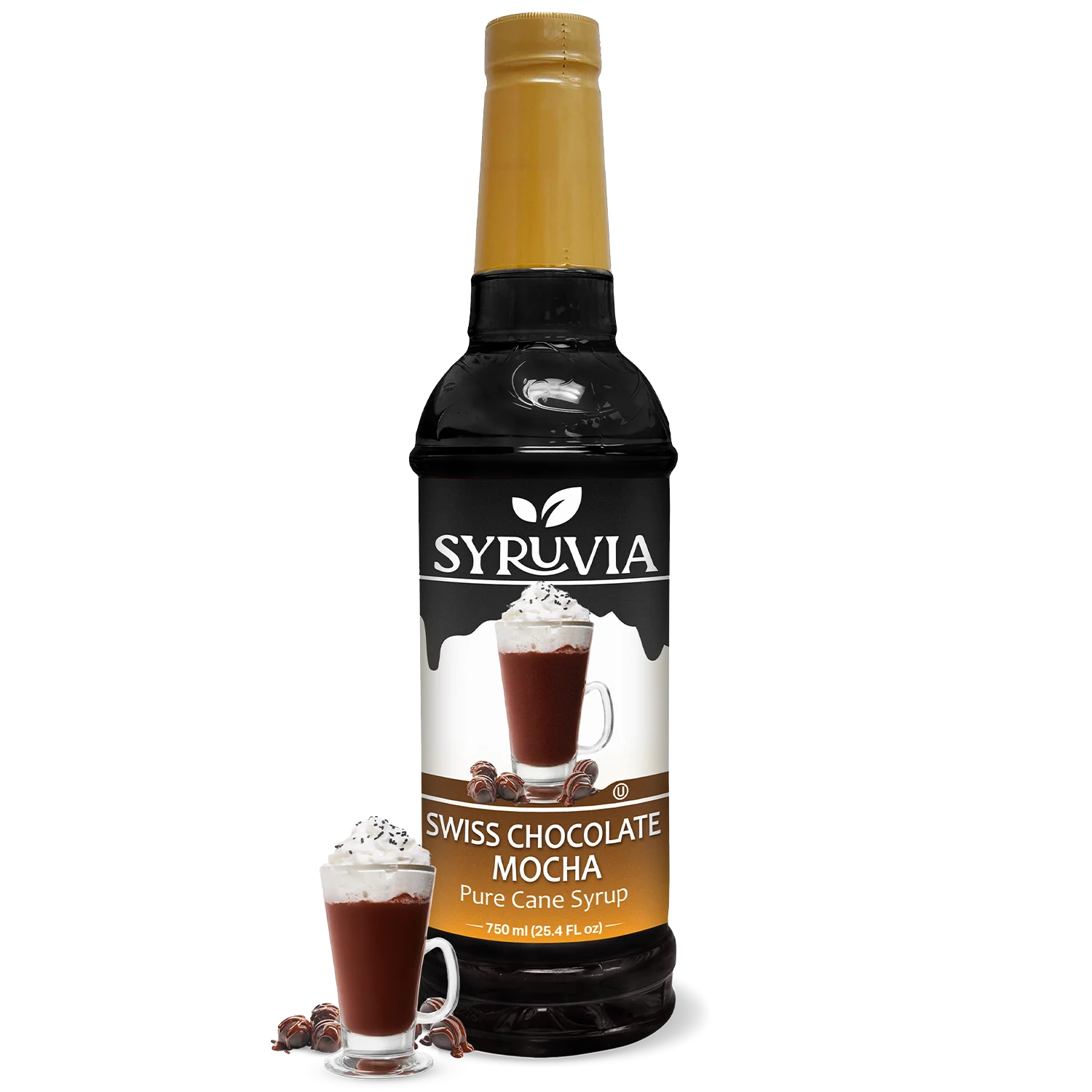 A 750 ml bottle of Syruvia Swiss Chocolate Mocha Syrup with Pure Cane Sugar is beside a glass of chocolate mocha topped with whipped cream and chocolate curls; this gluten-free syrup adds indulgence to drinks.