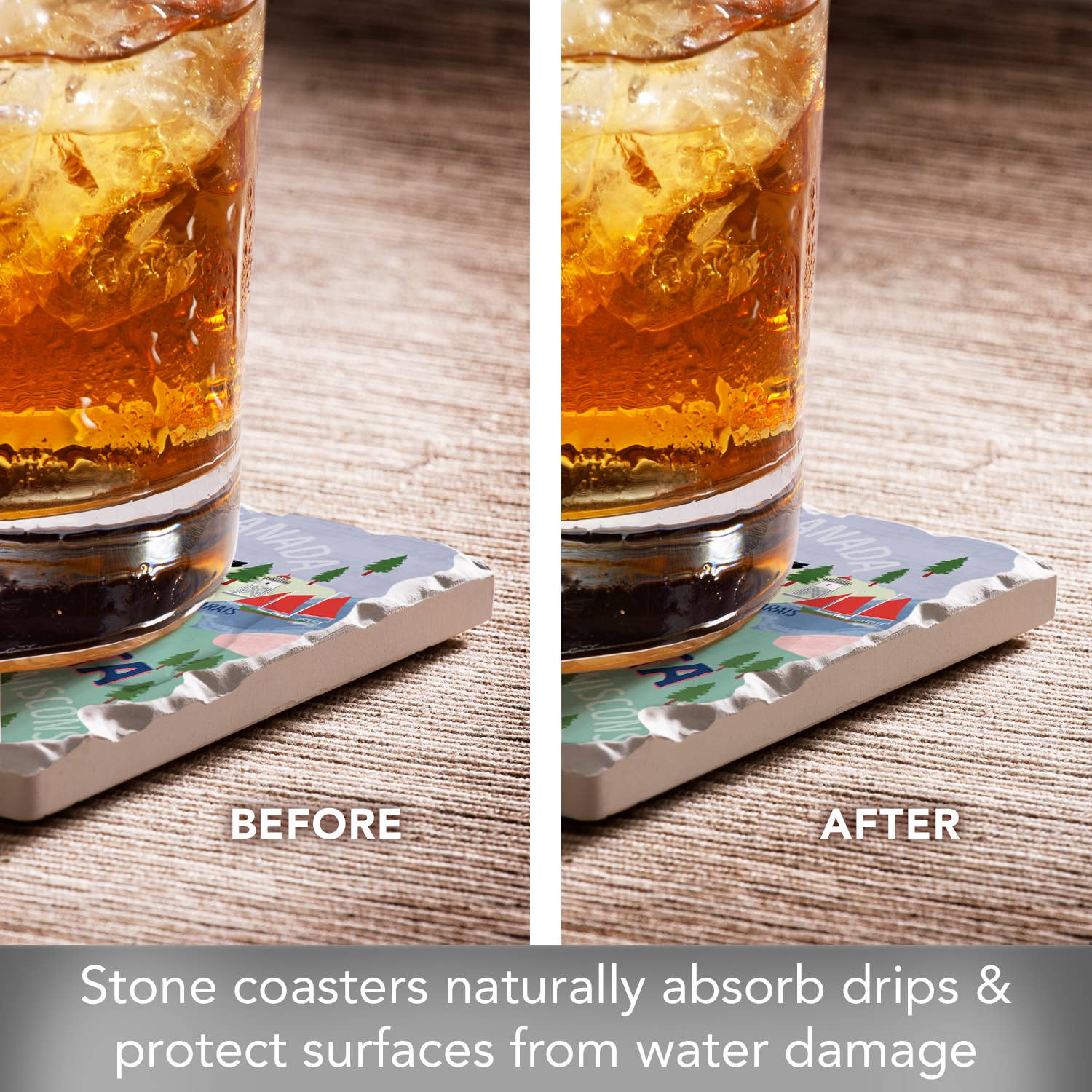 A close-up comparison of a drink on a Minnesota Attractions Thirsty Stone Coaster Pack before and after absorbing drips. Text reads, Minnesota Attractions Thirsty Stone Coasters naturally absorb drips & protect surfaces from water damage.