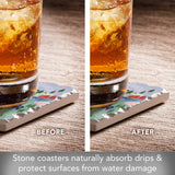 A glass of iced tea rests on the Minnesota Attractions Thirsty Stone Coaster with Cork Backing, showing water drips before and dryness after—highlighting how this absorbent coaster protects surfaces from moisture.