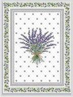 Bouquet of lavender tied with twine on a white background with polka dots, bordered by green decorative leaves.