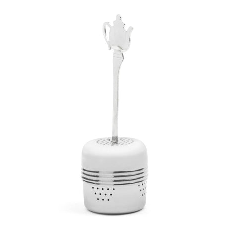 The Infuser: Tea Infuser with Handle features a perforated stainless steel container and a teapot-shaped top, perfect for brewing loose leaf tea. It stands upright on a white background.